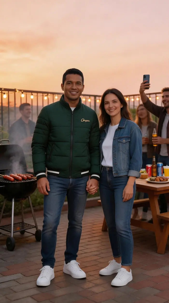Cliente usando la chaqueta Urban Legend en reunión con amigos