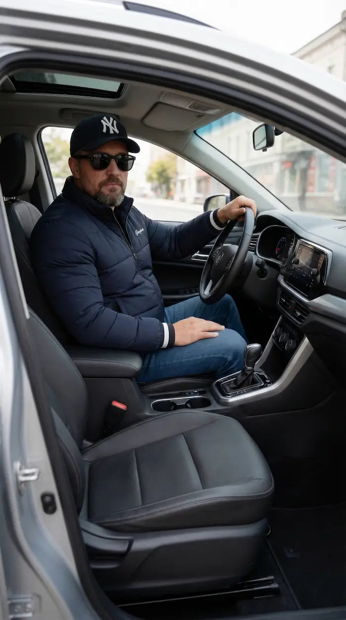 Cliente usando la chaqueta Urban Legend dentro del carro