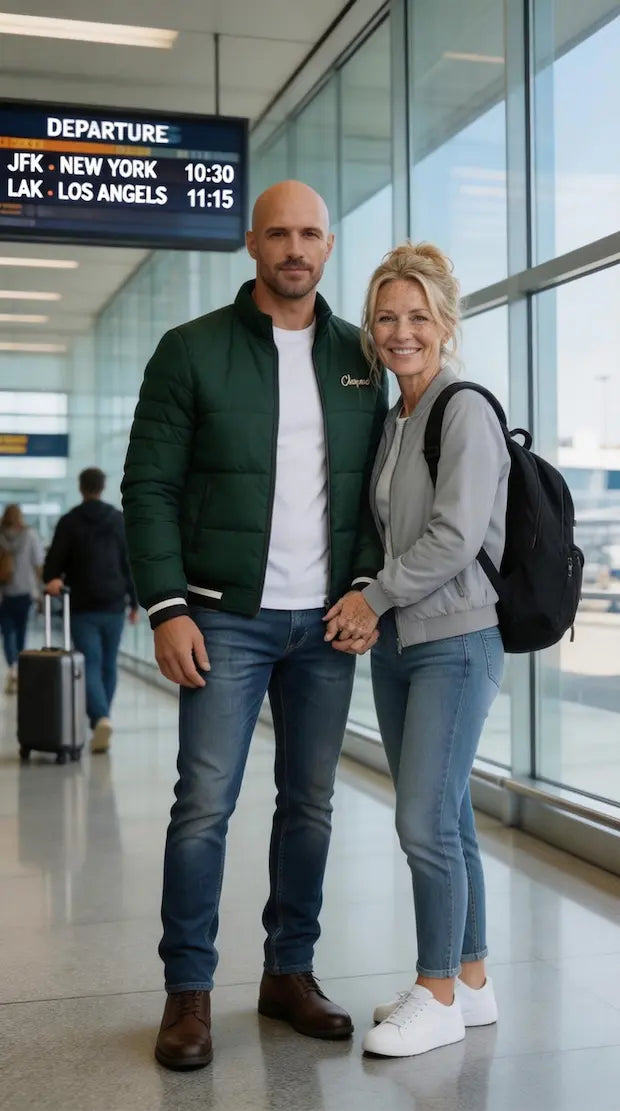 Cliente usando la chaqueta Urban Legend en aeropuerto